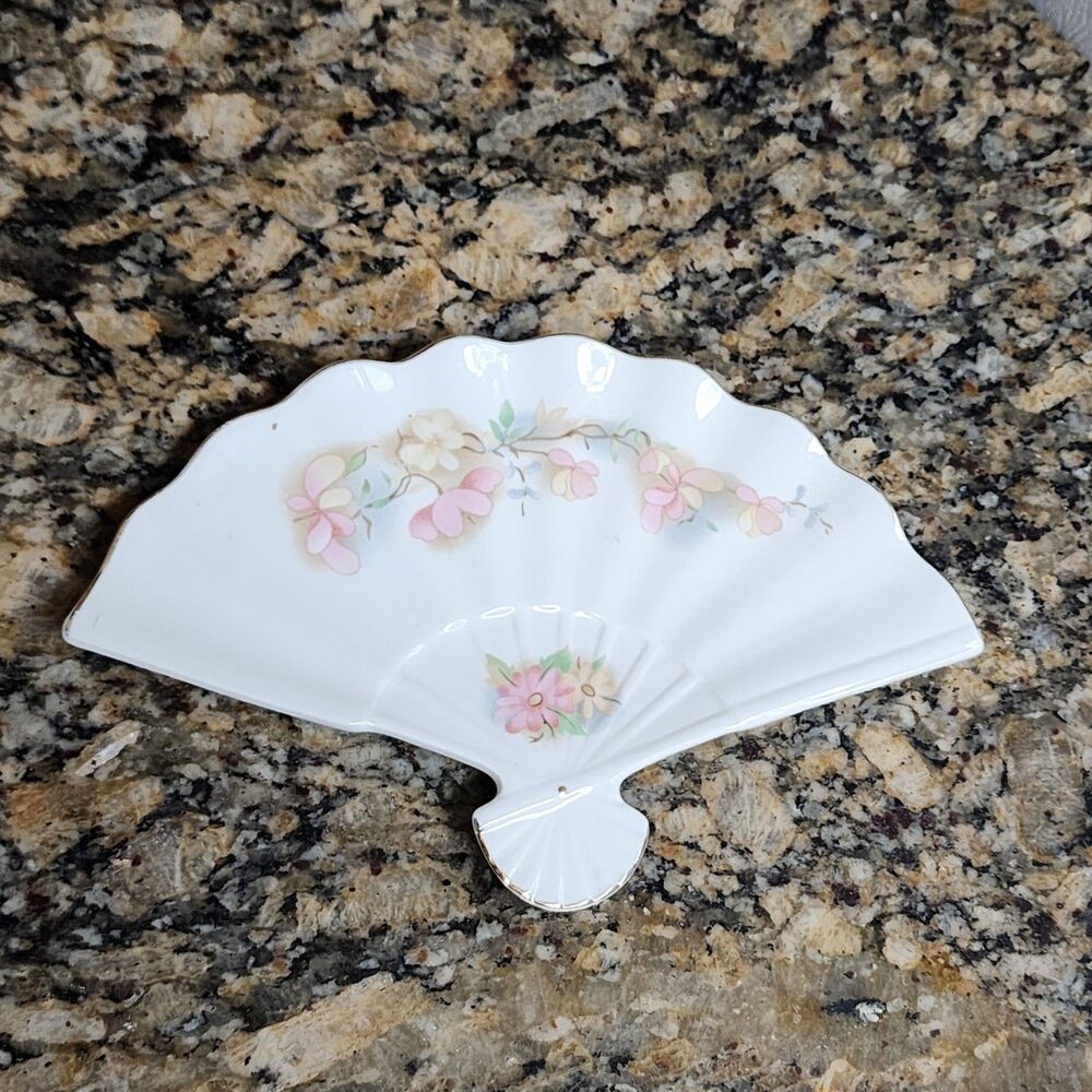 Vintage Porcelain Fan Shaped Trinket Dish – Pink Floral Vanity Tray Japan Style